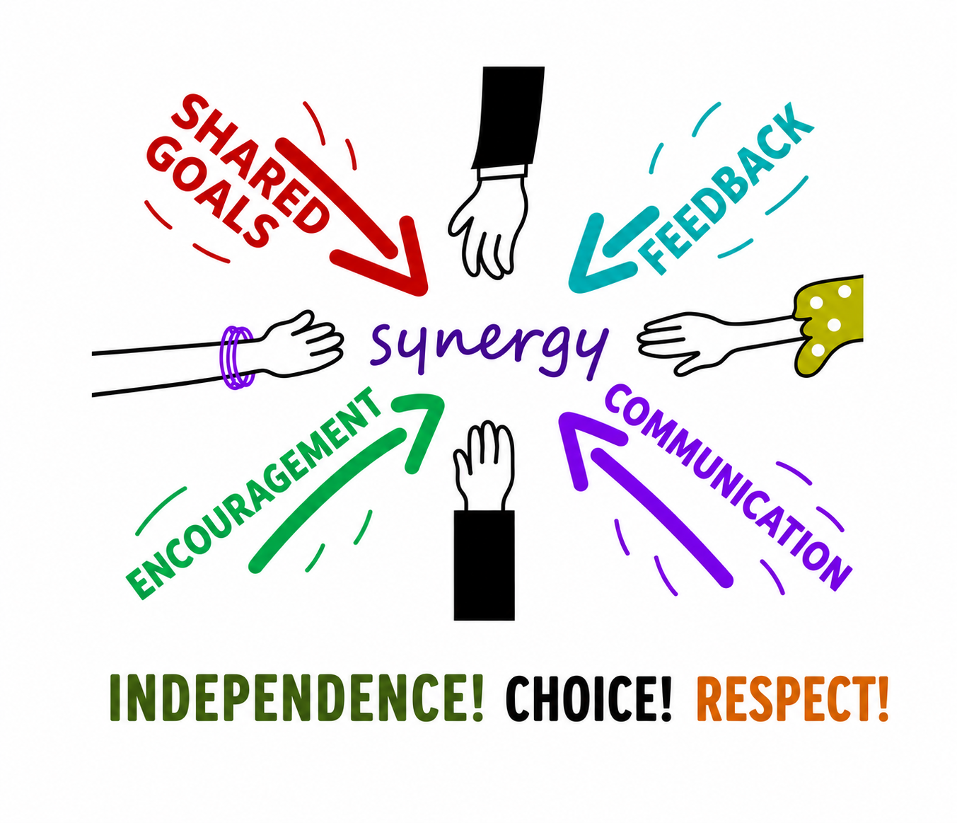 The Synergy values — shared goals, feedback, encouragement and communication, all pointing toward synergy, built on independence, choice and respect.